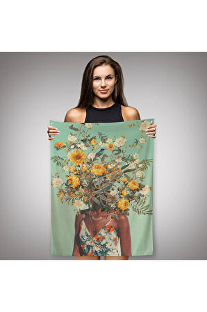 Çiçek Başlı Siyahi Kadın, Afrıkalı Kadın Kanvas Duvar Örtüsü - Halısı -6079