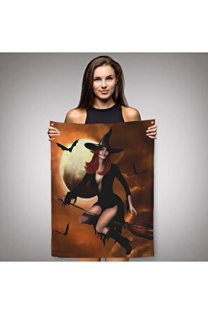 Süpürge İle Uçan Cadı, Cadılar Bayramı Helloven Duvar Örtüsü - Halısı -6086