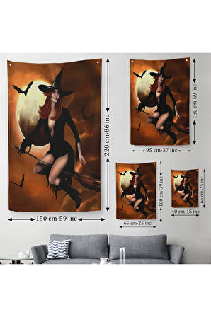 Süpürge İle Uçan Cadı, Cadılar Bayramı Helloven Duvar Örtüsü - Halısı -6086