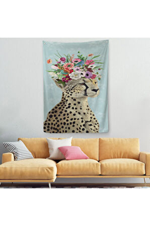 Çiçek Taçlı Kraliçe Çita Duvar Örtüsü - Halısı-6090