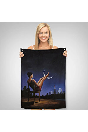Ay'a Ayaklarını Koyup Dinlenen Kadın, Sürreal Sanat Duvar Örtüsü - Halısı-609