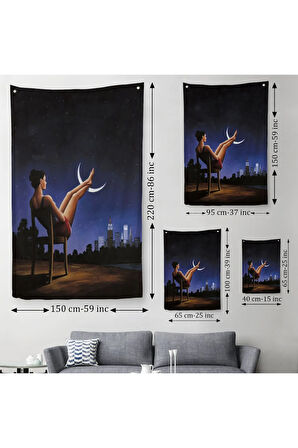 Ay'a Ayaklarını Koyup Dinlenen Kadın, Sürreal Sanat Duvar Örtüsü - Halısı-609