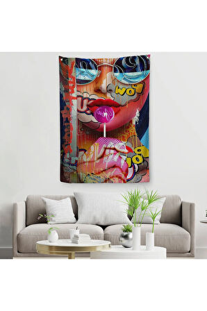 Pop Art Sokak Sanatı Renkli Kadın Dekoratif Duvar Örtüsü - Halısı-6107