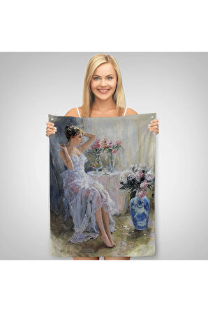 Beyaz Elbiseli Güzel Kız Dekoratif Duvar Örtüsü - Halısı-6108