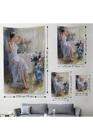 Beyaz Elbiseli Güzel Kız Dekoratif Duvar Örtüsü - Halısı-6108