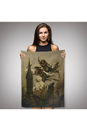 Süpürgelerindeki Cadılar Evlerinin Çatılarının Üzerinden Uçuyor Duvar Örtüsü - Halısı-6118