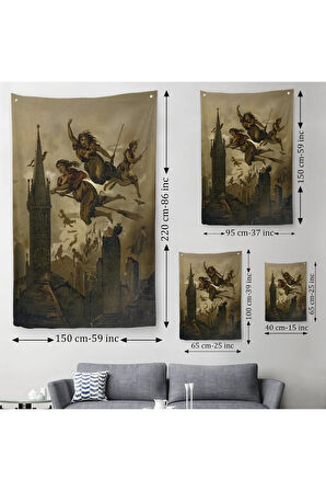 Süpürgelerindeki Cadılar Evlerinin Çatılarının Üzerinden Uçuyor Duvar Örtüsü - Halısı-6118