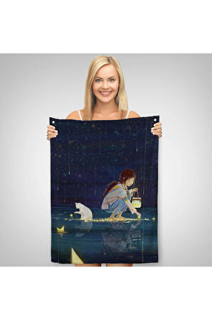 Yıldız Toplayan Kız ve Kedi Dekoratif Duvar Örtüsü - Halısı-6129