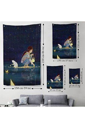 Yıldız Toplayan Kız ve Kedi Dekoratif Duvar Örtüsü - Halısı-6129