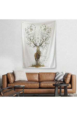 Yaprak Boynuzlu Geyik Duvar Örtüsü - Halısı-6133