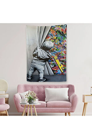 Bansky Tarzı Sokak Sanatı Dekoratif Duvar Örtüsü - Halısı-6168