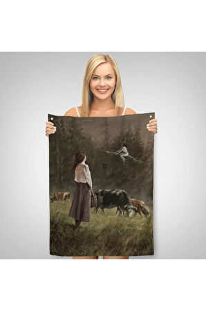 Süpürgeli Cadıya Özenen Kız Dekoratif Duvar Örtüsü - Halısı -6185