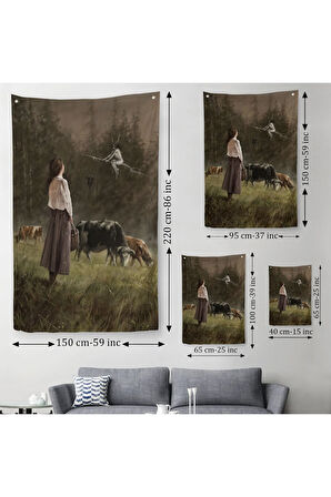 Süpürgeli Cadıya Özenen Kız Dekoratif Duvar Örtüsü - Halısı -6185