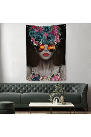 Renkli Çiçekler İle Güzel Kadın Dekoratif Duvar Örtüsü - Halısı -6188