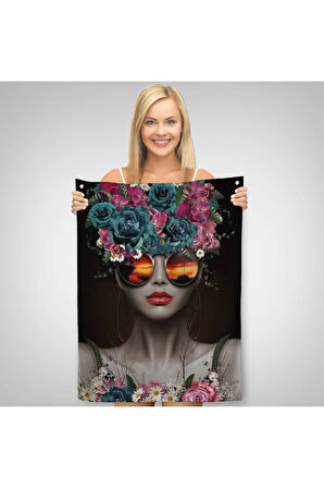 Renkli Çiçekler İle Güzel Kadın Dekoratif Duvar Örtüsü - Halısı -6188