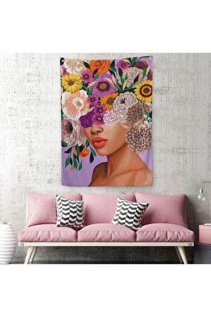 Çiçek Kafalı Kız Çocuğu Dekoratif Duvar Örtüsü - Halısı-6190