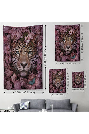 Pembe Çiçekler Arasında Vahşi Leopar Dekoratif Duvar Örtüsü - Halısı-6195