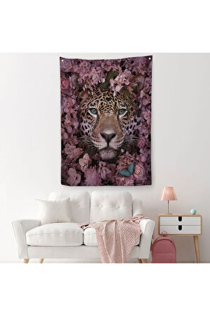 Pembe Çiçekler Arasında Vahşi Leopar Dekoratif Duvar Örtüsü - Halısı-6195