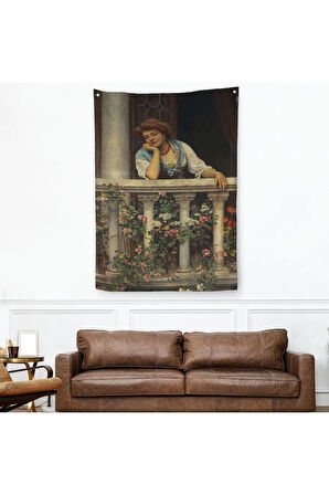 Çiçekli Balkonda Sevgilisini Bekleyen Güzel Kadın Duvar Örtüsü - Halısı-6205