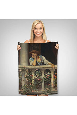 Çiçekli Balkonda Sevgilisini Bekleyen Güzel Kadın Duvar Örtüsü - Halısı-6205