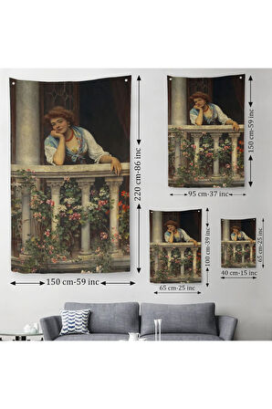 Çiçekli Balkonda Sevgilisini Bekleyen Güzel Kadın Duvar Örtüsü - Halısı-6205