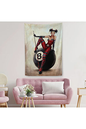 Bilardo Topunun Üstünde Oturan Pub Kızı Duvar Örtüsü - Halısı-6230