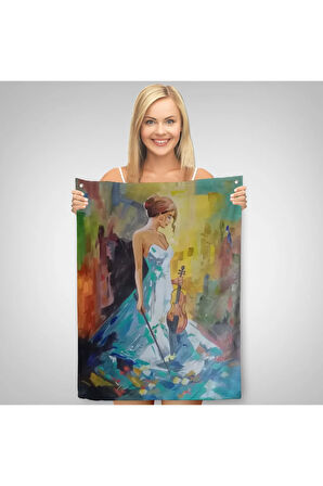 Keman Çalan Kadın Dekortif Duvar Örtüsü - Halısı-6233