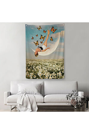 Papatya Tarkası Üzerındeki Mutlu Kadın Duvar Örtüsü - Halısı-6274