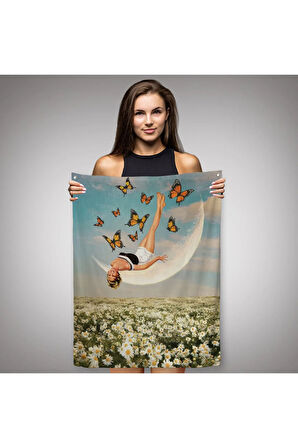 Papatya Tarkası Üzerındeki Mutlu Kadın Duvar Örtüsü - Halısı-6274