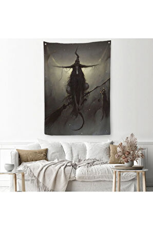 Süpürge ile Uçan Cadı ve Kedisi, Cadılar Bayramı Hediyesi, Hellowen Duvar Örtüsü - Halısı -6287