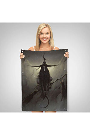 Süpürge ile Uçan Cadı ve Kedisi, Cadılar Bayramı Hediyesi, Hellowen Duvar Örtüsü - Halısı -6287