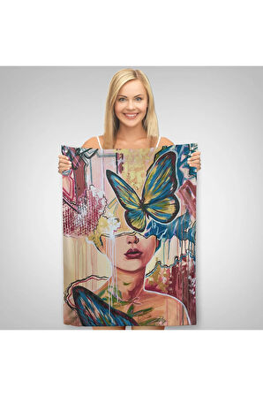 Renkli Sürreal Kadın Portresi Dekoratif Duvar Örtüsü - Halısı-6297