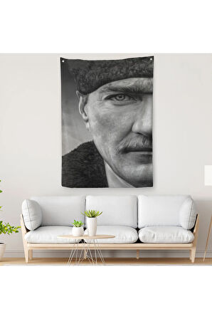 Mustafa Kemal Atatürk Siyah Beyaz Duvar Örtüsü - Halısı-6303