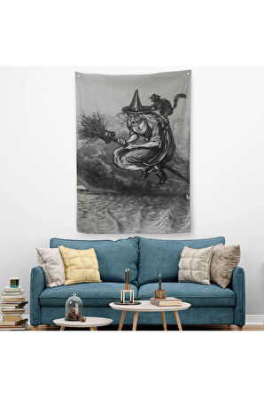 Süpürge Ile Uçan Yaşlı Cadı Ve Kedisi Cadılar Bayramı Hediyesi Hellowen Duvar Örtüsü Halısı 6304