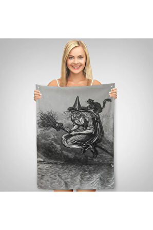 Süpürge Ile Uçan Yaşlı Cadı Ve Kedisi Cadılar Bayramı Hediyesi Hellowen Duvar Örtüsü Halısı 6304