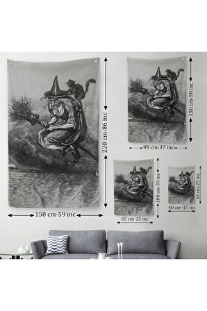 Süpürge Ile Uçan Yaşlı Cadı Ve Kedisi Cadılar Bayramı Hediyesi Hellowen Duvar Örtüsü Halısı 6304