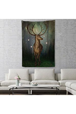 Gece Orman'daki Geyik Duvar Örtüsü - Halısı-6309