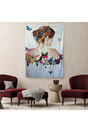 Kelebek Detaylı Güzel Kadın Duvar Örtüsü - Halısı-6330