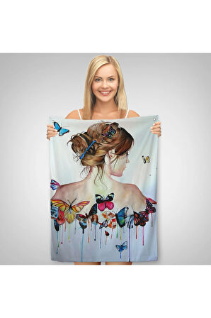 Kelebek Detaylı Güzel Kadın Duvar Örtüsü - Halısı-6330