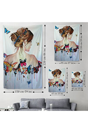 Kelebek Detaylı Güzel Kadın Duvar Örtüsü - Halısı-6330