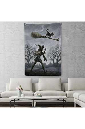 Cadı Süpürgesi ile Uçan Kara Kedi Duvar Örtüsü-Halısı, Witches Halloween-6353