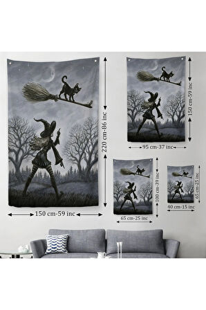 Cadı Süpürgesi ile Uçan Kara Kedi Duvar Örtüsü-Halısı, Witches Halloween-6353