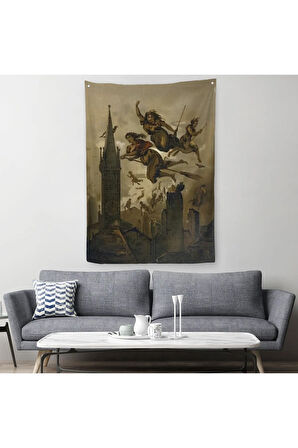 Kasabanın Üzerinde Uçan Çadılar Duvar Örtüsü-Halısı, Witches Halloween-6358