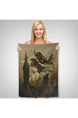 Kasabanın Üzerinde Uçan Çadılar Duvar Örtüsü-Halısı, Witches Halloween-6358