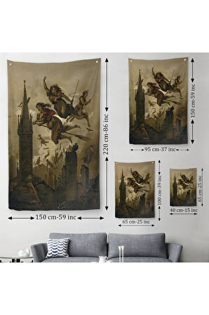 Kasabanın Üzerinde Uçan Çadılar Duvar Örtüsü-Halısı, Witches Halloween-6358