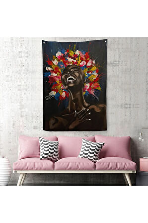 Yağlıboya Görünümlü Renkli Saçlı Gülen Siyahi Kadın Duvar Örtüsü-Halısı-6367