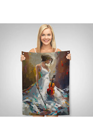 Beyaz Elbiseli Kemani Kadın Duvar Örtüsü-Halısı-6380