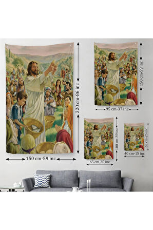 Rab İsa Binlerce Kişiyi Birkaç Ekmek ve Balıkla Doyuruyor Duvar Örtüsü-Halısı Jesus Christ -6386