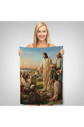 Rab İsa Binlerce Kişiyi Birkaç Ekmek İle Doyuruyor Duvar Örtüsü-Halısı Jesus Christ -6391