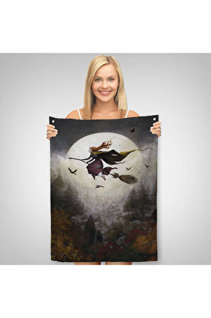 Süpürge ile Uçan Cadı, Cadılar Bayramı Hediyesi, Hallowen Duvar Örtüsü-Halısı -6398